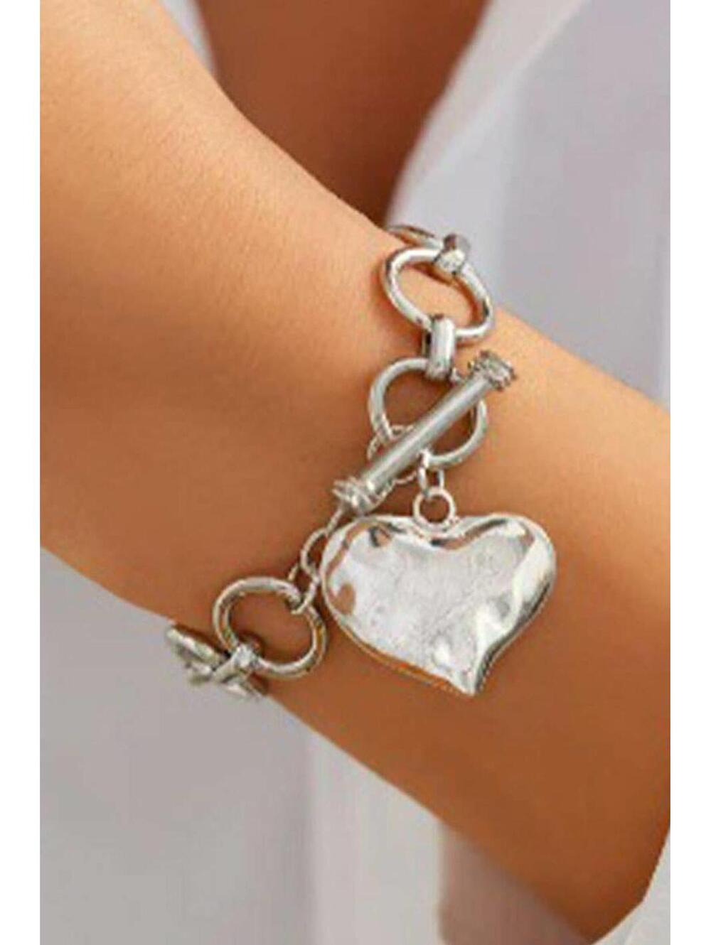 Silvertone Heart Charm Bracelet - 7 inches